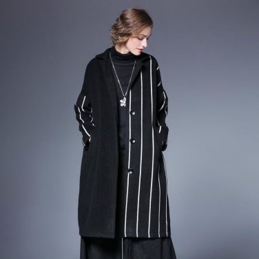 SuperAen Striped Woolen Pluz Size Women Coat Europe Long Sleeve Fashion Wild Winter New Woolen Coat 