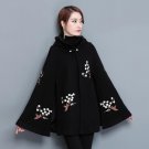 New autumn winter Women\'s Vintage Warm Woolen Hoodie Cloak Coat Flower Embroidered Drop-Shoulder Sl