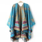 Brand Fashion Womens Autumn Winter Warm Flower Pattern Slit Wool Blend Plaid Blanket Cloak Poncho Ca