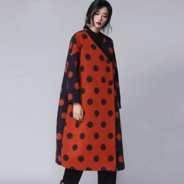 [AZURE SHEN] Winter Loose Dot A Line Coat Female 2017 Autumn Casual Retro Literary Buttons Single Br