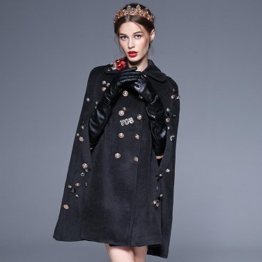 OLN High Quality Women Coats Wool Black Embroidery Plus Size Cloak Designer Fashion Winter Outerwear
