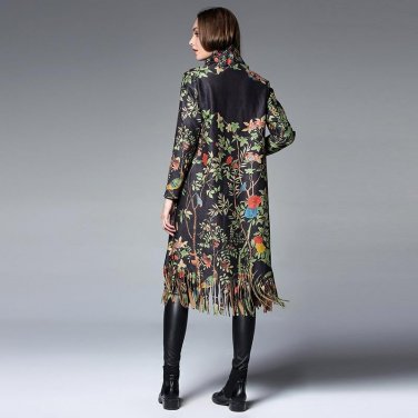 autumn winter floral print suede trench coat winter woman 2017 long sleeve tassel mid-calf length  l