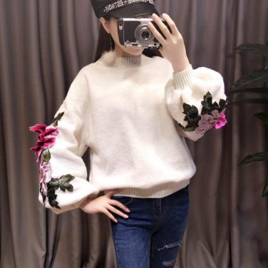 Korean Style Winter Women Sweaters Lady Stereo Embroidery Flower Lamb Loose Sleeve Sleeved Sweater P