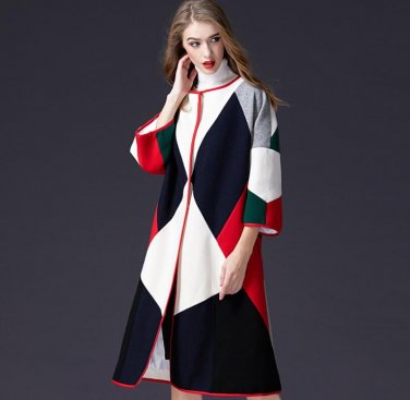 Wool Coat 2017 Autumn/Winter Loose Woolen Coats Ladies Woolen Trench patchwork Color Hit Fashion Lon