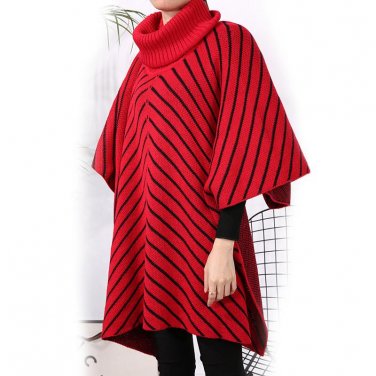 Autumn/Winter Tricot Sweater Cape Loose Fashion Turtleneck Wrap Women Knitted Sweater Coat Lady High