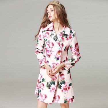 2017 High Quality Fashion Pretty Double Breasted Print Long Coat New Autumn Winter Full Sleeve Turn-