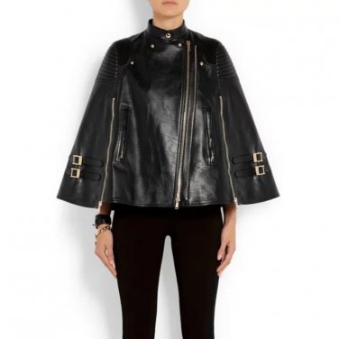 Vintage Shawl Collar Cloak Leatherr Jacket Cape Golden Zipper Women\'s Rivet Jacket Coat FS0285