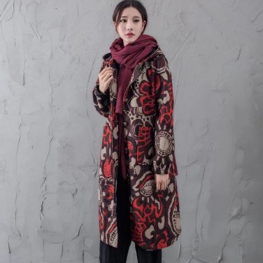 2017 Winter Folk Style Flower Cotton Cashmere Women Windbreaker Fleece Warm Hooded Collar Long Trenc