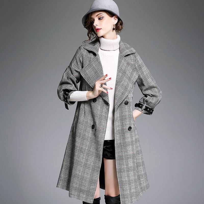 Women Trench Coats Autumn 2017 New Woman Plaid Double Breasted Belt ...