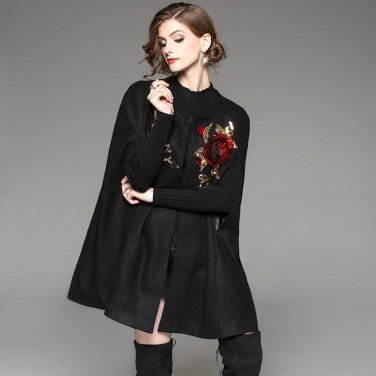 High Quality Runway Fashion Winter Coats 2017 New Women Elegant Sequined Flowers Cloak Wool Blend Co
