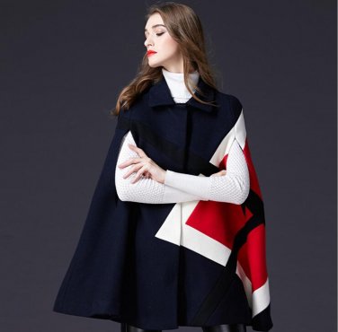 Women\'s Winter New Vintage Warm Woolen Cloak Coat color hit  Drop-Shoulder Sleeve Wool Cape Outerwe