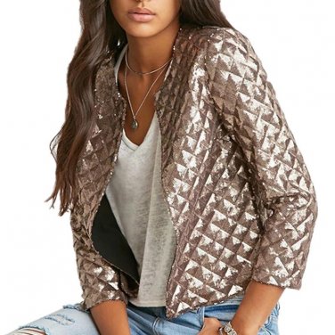 Fashion Golden Sequins Short Jacket Coat for Women 2017 Autumn Winter Brand New Long Sleeve Slim Fit