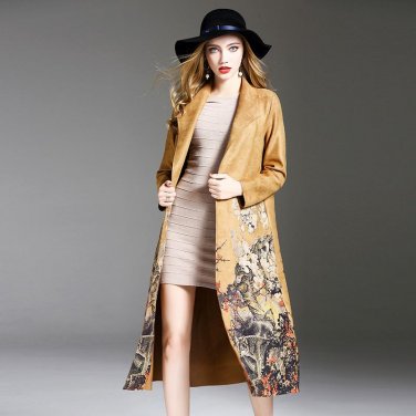 High Quality Fashion Runway 2017 New Winter Suede Flocking Trench Coat Painting Long Slim Couture La