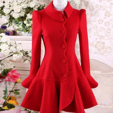 2017autumn and winter red flounced Slim ladies fashion woolen coat women