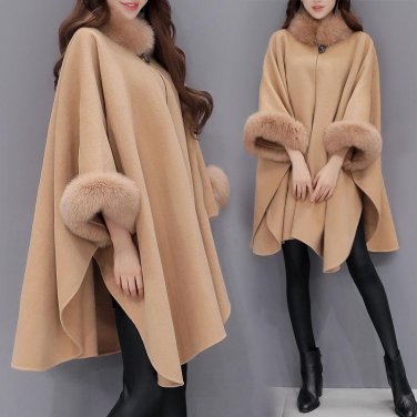 Winter new Korean imitation fox fur collar and long sections woolen coat temperament cloak cape Loos
