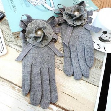 rabbit Fur Blended Mittens Gloves Women Winter Camellia Pearl Imitation Bowknot Black Touchscreen La