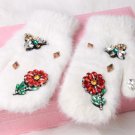 Women Winter Gloves Colorful Crystal Flower,Bee Long Rabbit Fur Gloves Fashion Winter Mittens Double
