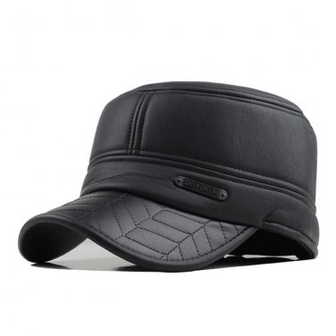 Winter mens leather cap warm hat baseball cap with ear flaps russia flat top caps for men casquette 