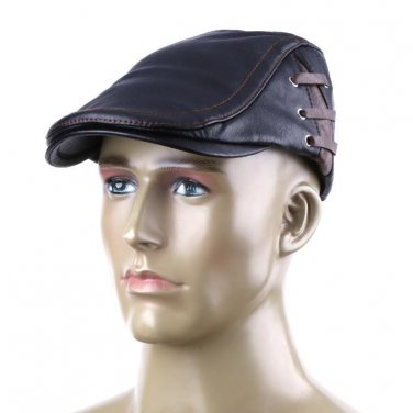 Men PU Leather Bandage Berets Hats Winter Visors Cap Peaked Hat