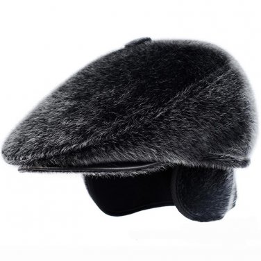 HT1406 High Quality Men Retro Flat Beret Caps Black Grey Winter Fur Hats with Ear Flap Male Warm For