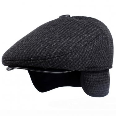 HT1404 Vintage Retro Plaid Beret Caps Men Warm Thick Wool Felt Berets Elder Man Winter Hats with Ear