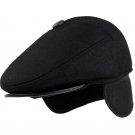 HT1400 Vintage Wool Felt Beret Caps for Men Solid Black Grey Winter Hat with Ear Flap Casual Warm Th