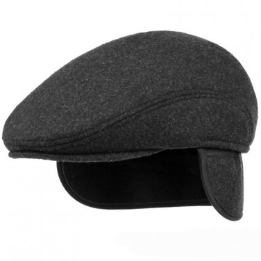 HT1405 Warm Winter Hats with Ear Flap Men Retro Beret Caps Solid Black Wool Felt Hats for Men Thick 