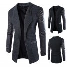 New Winter Fashion 2015 Leather Sleeve Long Wool Men Coat Hot Casual Slim Fit Men Jacket Coat Patchw
