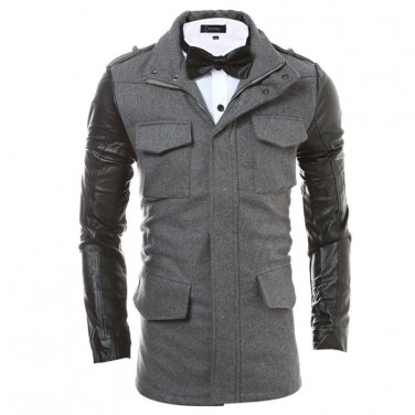 2017 Stylish Autumn Winter Men Woolen Coat Faux Leather Long Sleeve Lapel Pockets Zipper Jackets Mal