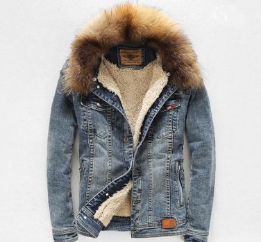 Free Shipping 2014 Men\'S Winter Thick Denim Coat Fashion Velvet Padded Jackets Raccon Fur Collar Re