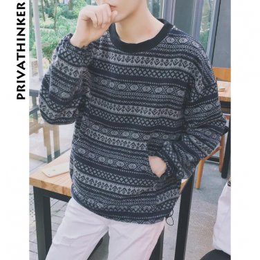 Privathinker Harajuku Oversized Winter Woolen Hoodie Men Women Striped Sweatshirts Coat Vintage Retr