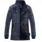 Men\'S Retro Original Uniform Denim Jacket Thick Velvet Mandarin Collar Military Jacket Plus Size Wi