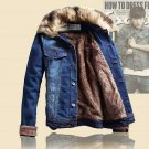 New Men Autumn Winter Rabbit Fur Collar Thick Velvet Denim Jacket Casual Retro Slim Turn Collar Jean