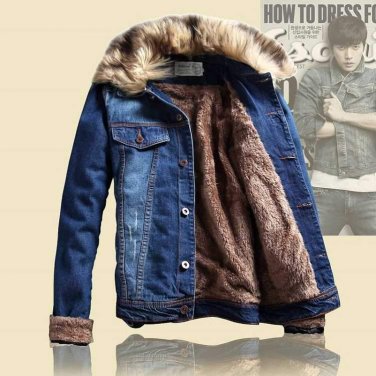 New Men Autumn Winter Rabbit Fur Collar Thick Velvet Denim Jacket Casual Retro Slim Turn Collar Jean
