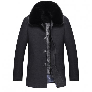 Medium Long Thicken Warm Wool Cashmere Mens Coat Detachable Lining Big Fur Collar Winter Jacket Men