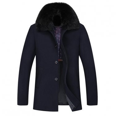 New Long Fur Collar Men\'s Winter Woolen Coat Thick Warm Quality Dark Navy Blue Trench Coat Men