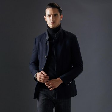 New Slim Stand Collar Mens Coat Winter Wool Good Quality Black Dark Blue Colors Cappotto Uomo