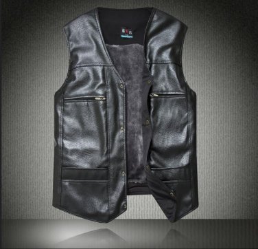 Man autumn plus size V-neck solid Single Breasted plus velvet thick pu outerwear male winter oversiz