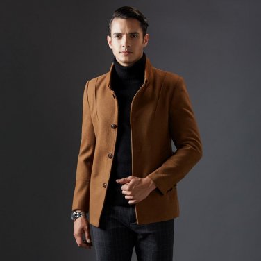 New Arrival Elegant Stand Collar Wollen Colbert Voor Heren High Quality Single Breasted Men Classic 