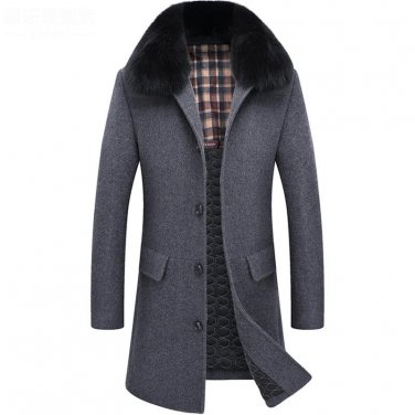 2017 New Long Fox Fur Collar Winter Coat Mens Wool Thick Warm Single Breasted Plaszcz Meski