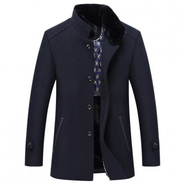 2017 New Casual Long Dark Navy Men Winter Wool Blend Coat Thicken Fur Collar Abrigos Invierno Hombre