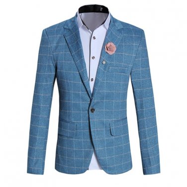 New 2017 Brand Casual Plaid Blazer Jacket Men Flower Brooch Korean Trend Suit Male Wedding Dress Sli
