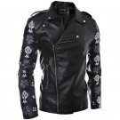 Mens PU Leather Jacket Male Coat Skulls Flower Sleeve Printed Style Side Zipper Designs Hip Hop Slim