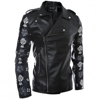 Mens PU Leather Jacket Male Coat Skulls Flower Sleeve Printed Style Side Zipper Designs Hip Hop Slim