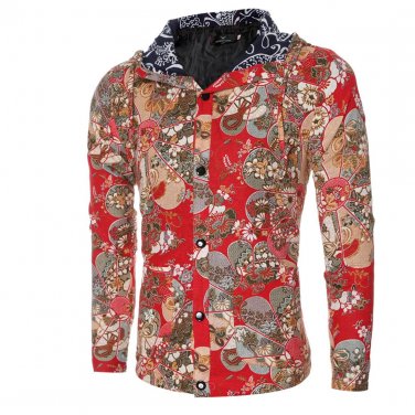 Fitness Hooded Jackets Men Long Sleeve Autumn Winter Coats 2017 V-Neck Floral Printed Slim Mens Coat