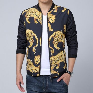 New Design Flower Leopard Printing Jacket Men Fashion Slim Fit manteau homme Outer Motorcycle Mens j