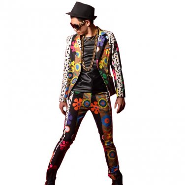 Colorful Flower Printing Splice Men Slim Fit Casual Suit Jacket Blazers Coat Male Dancer Singer DJ F