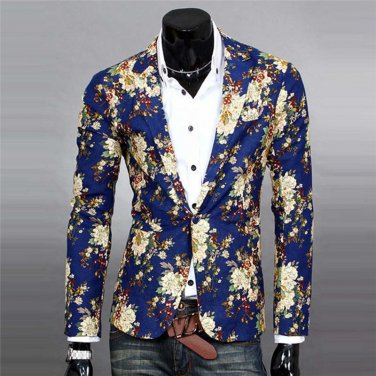 Mens Floral Suit Blazer Jacket Coat Slim Fit Linen Printed Flower Blazer Retro High Quality Casual D