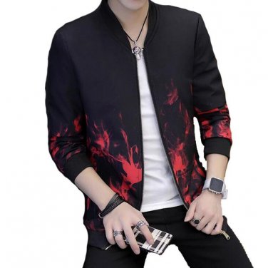 Plus Size Flower Print Jackets Men Autumn Long Sleeve Fire Print Slim Jackets Coat For Men Zipper Th