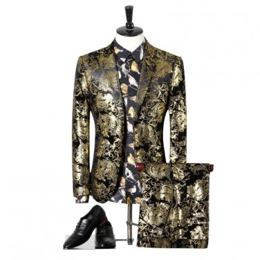 Jackets+Pants Gold Printed Mens High Quality Flower Brand Two Piece Suits Stage Clothes Blazer Fashi